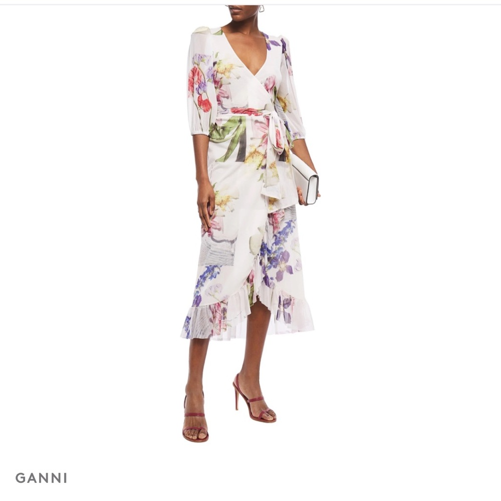 Ganni Ruffled Floral-print Stretch-mesh Midi Wrap Dress